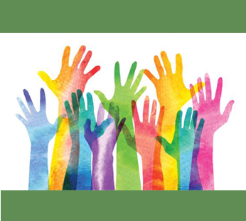 Colorful handprints representing community inclusion.