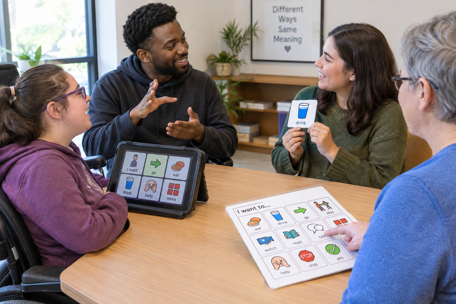 A group communicates using speech, gestures, an AAC device, and picture communication cards around a table.