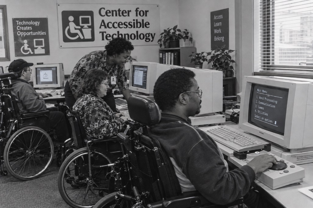 Adults use accessible computers at the Center for Accessible Technology.